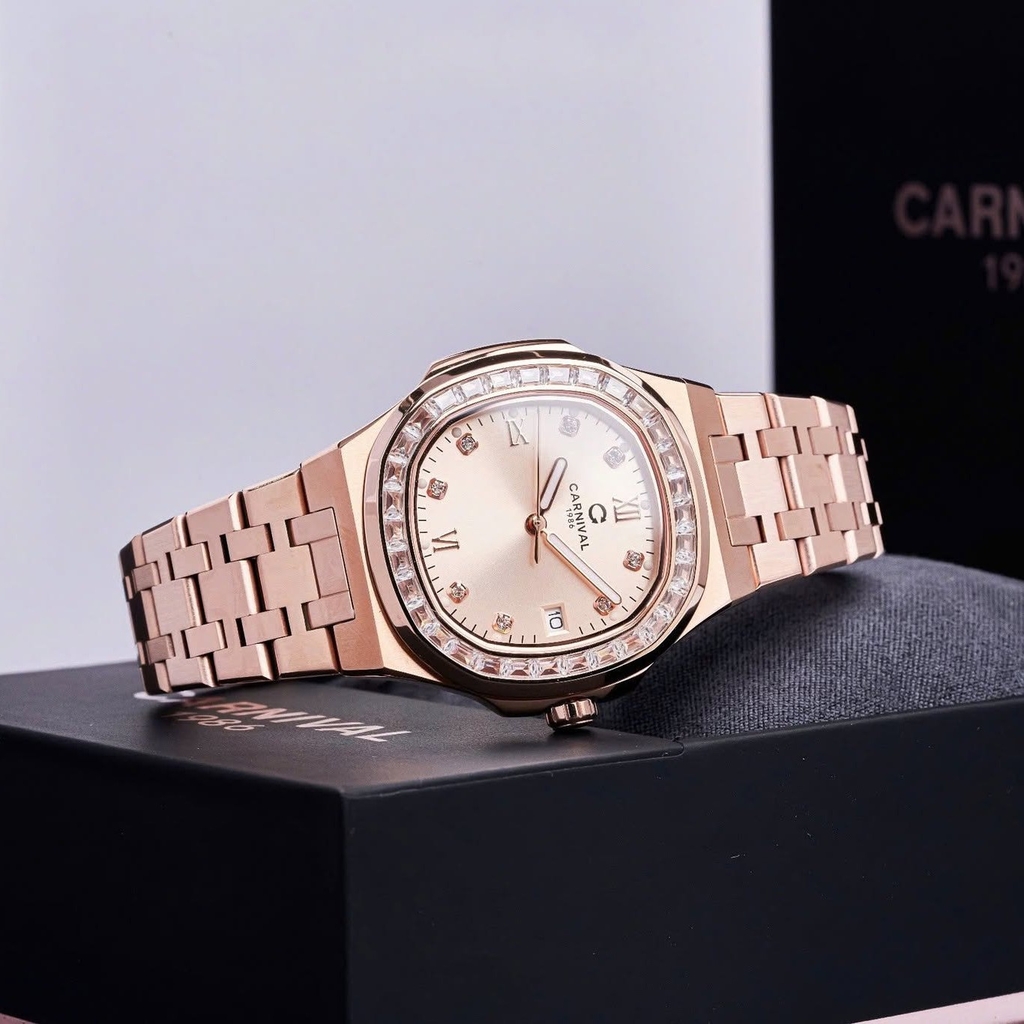 Đồng Hồ Nữ Carnival 8160L2-VH-NN Vàng Hồng Mặt Vàng Hồng Viền Đá Size 34mm Sapphire