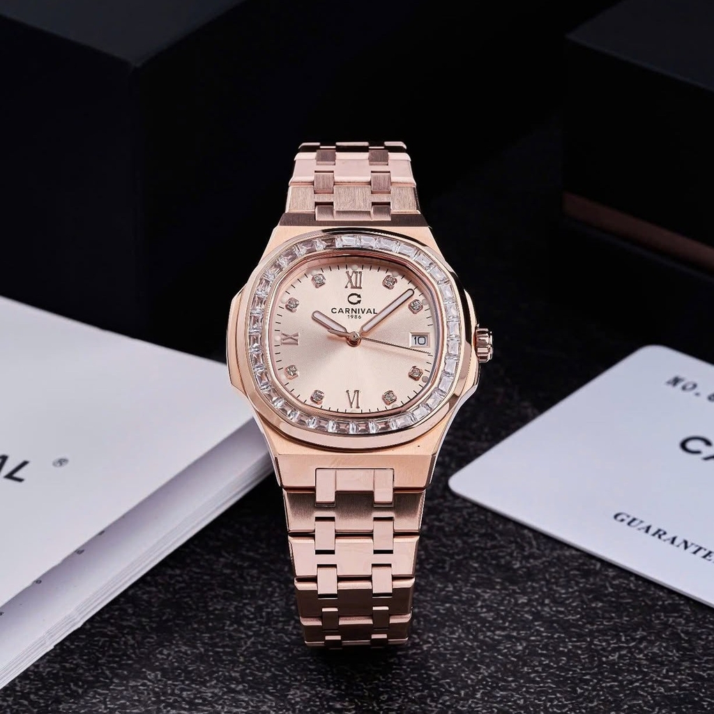 Đồng Hồ Nữ Carnival 8160L2-VH-NN Vàng Hồng Mặt Vàng Hồng Viền Đá Size 34mm Sapphire