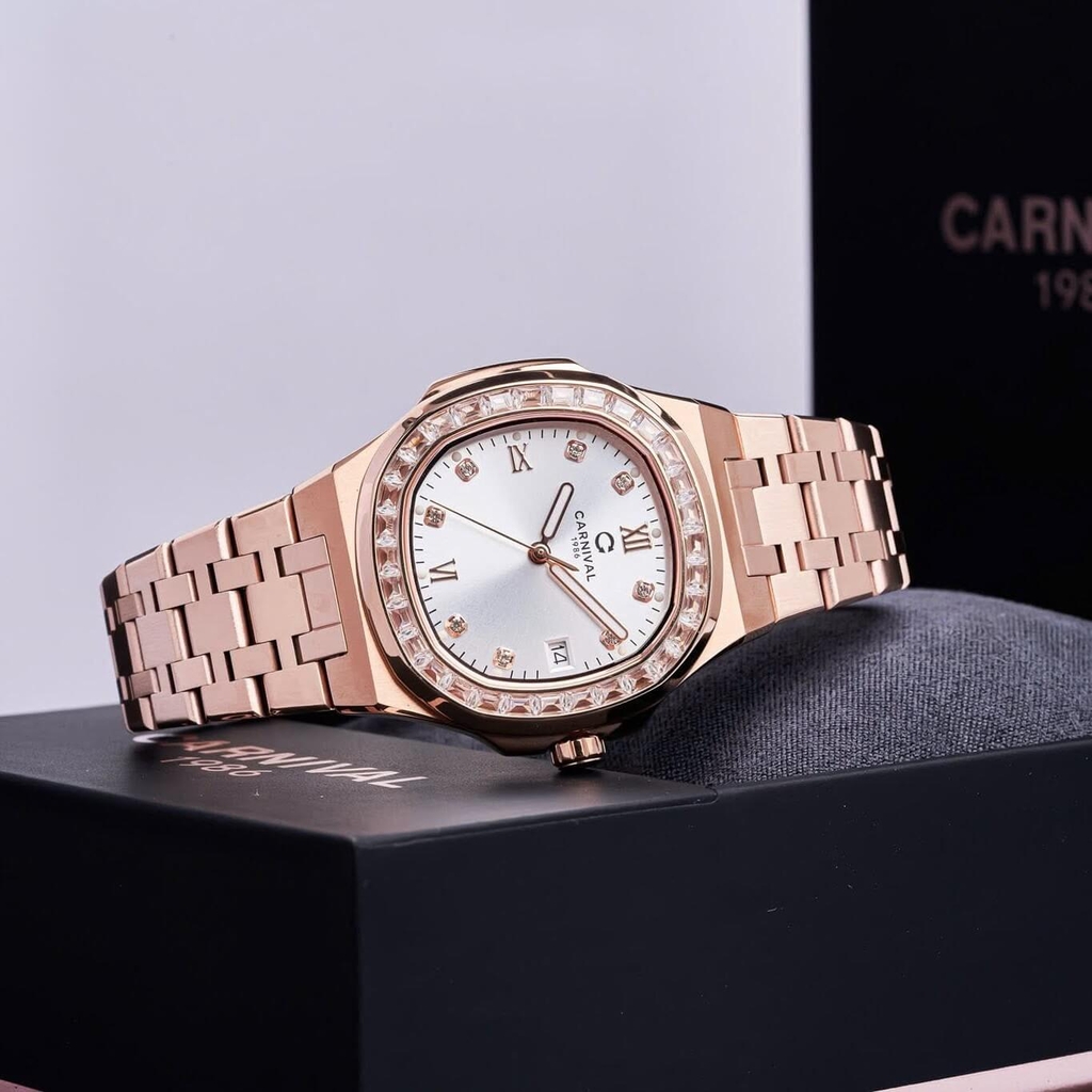 Đồng Hồ Nữ Carnival 8160L2-VH-T Vàng Hồng Mặt Trắng Viền Đá Size 34mm Sapphire