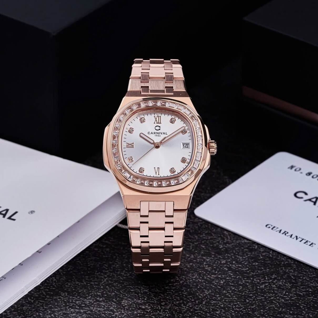 Đồng Hồ Nữ Carnival 8160L2-VH-T Vàng Hồng Mặt Trắng Viền Đá Size 34mm Sapphire