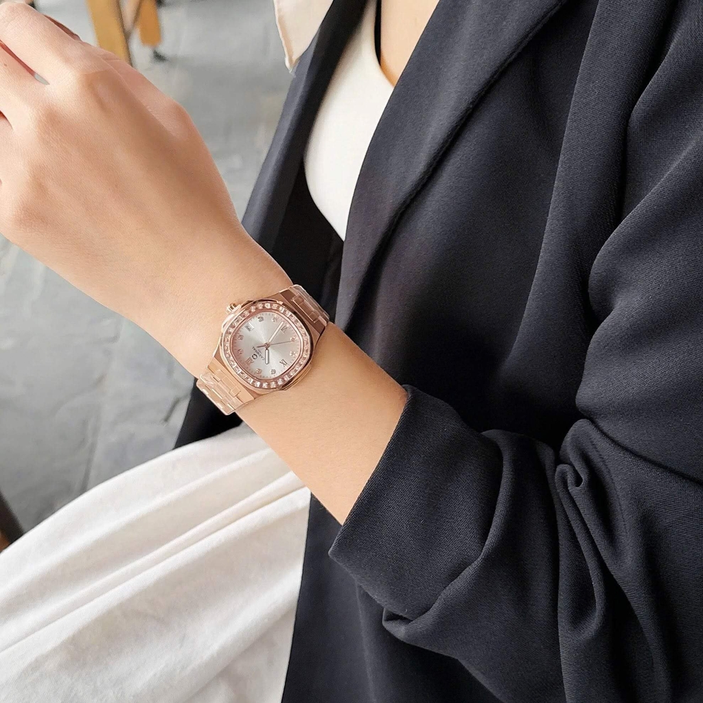 Đồng Hồ Nữ Carnival 8160L2-VH-T Vàng Hồng Mặt Trắng Viền Đá Size 34mm Sapphire