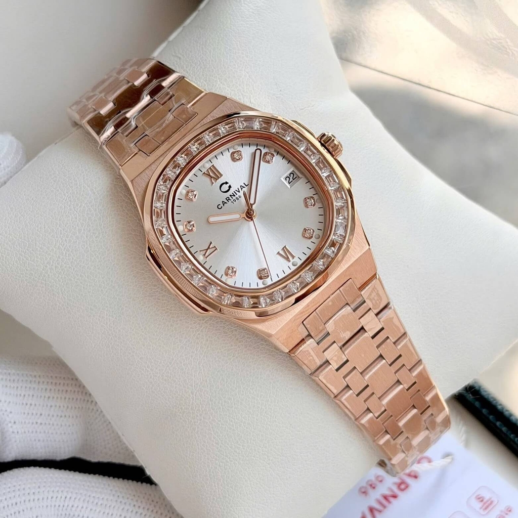 Đồng Hồ Nữ Carnival 8160L2-VH-T Vàng Hồng Mặt Trắng Viền Đá Size 34mm Sapphire