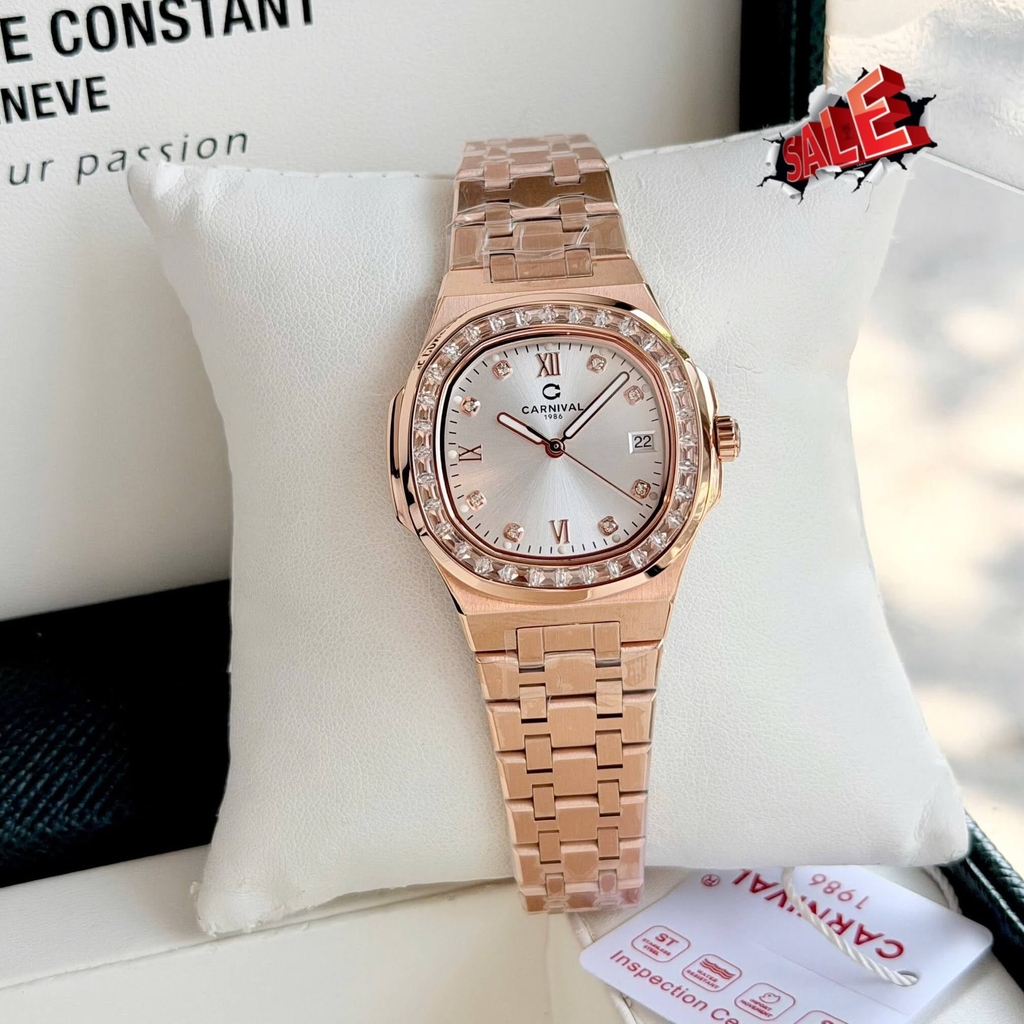 Đồng Hồ Nữ Carnival 8160L2-VH-T Vàng Hồng Mặt Trắng Viền Đá Size 34mm Sapphire