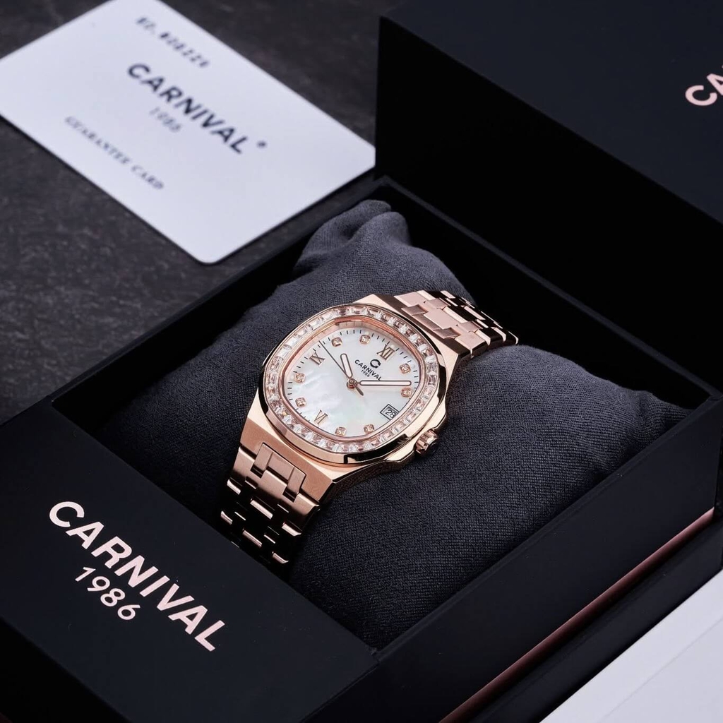 Đồng Hồ Nữ Carnival 8160L2-VH-TK Vàng Hồng Mặt Xà Cừ Trắng Viền Đá Size 34mm Sapphire