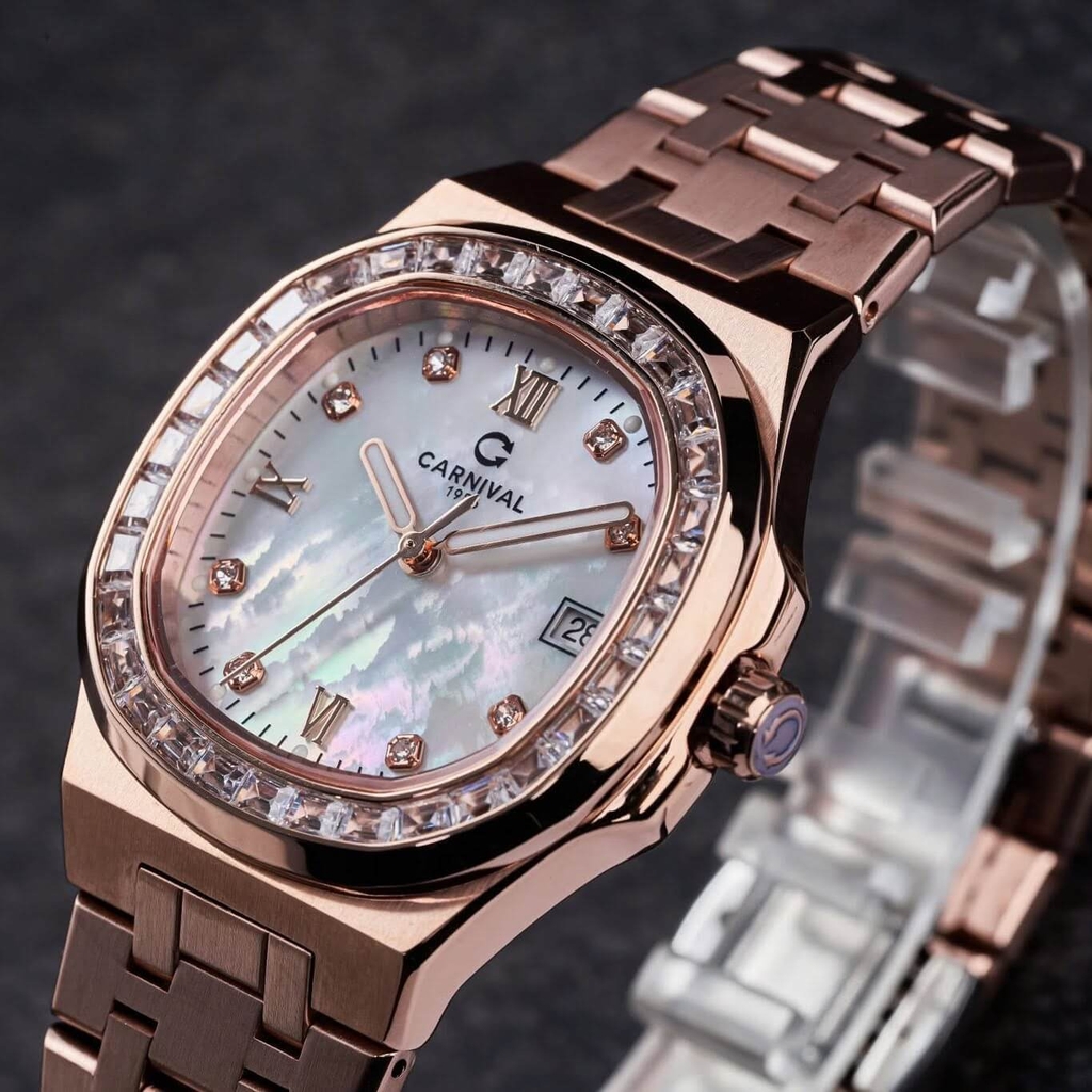 Đồng Hồ Nữ Carnival 8160L2-VH-TK Vàng Hồng Mặt Xà Cừ Trắng Viền Đá Size 34mm Sapphire