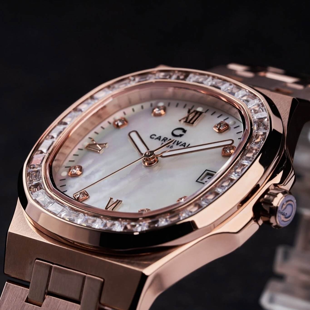 Đồng Hồ Nữ Carnival 8160L2-VH-TK Vàng Hồng Mặt Xà Cừ Trắng Viền Đá Size 34mm Sapphire