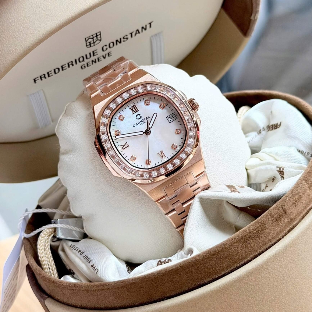 Đồng Hồ Nữ Carnival 8160L2-VH-TK Vàng Hồng Mặt Xà Cừ Trắng Viền Đá Size 34mm Sapphire