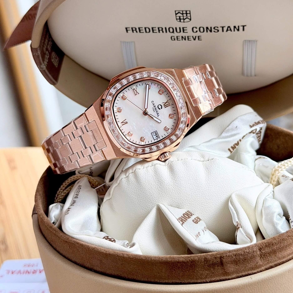 Đồng Hồ Nữ Carnival 8160L2-VH-TK Vàng Hồng Mặt Xà Cừ Trắng Viền Đá Size 34mm Sapphire