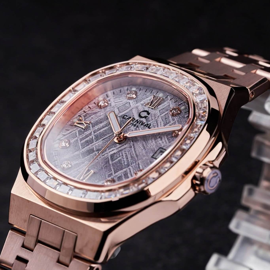 Đồng Hồ Nữ Carnival 8160L2-VH-TT Vàng Hồng Mặt Thiên Thạch Viền Đá Size 34mm Sapphire