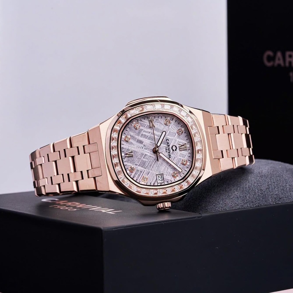 Đồng Hồ Nữ Carnival 8160L2-VH-TT Vàng Hồng Mặt Thiên Thạch Viền Đá Size 34mm Sapphire