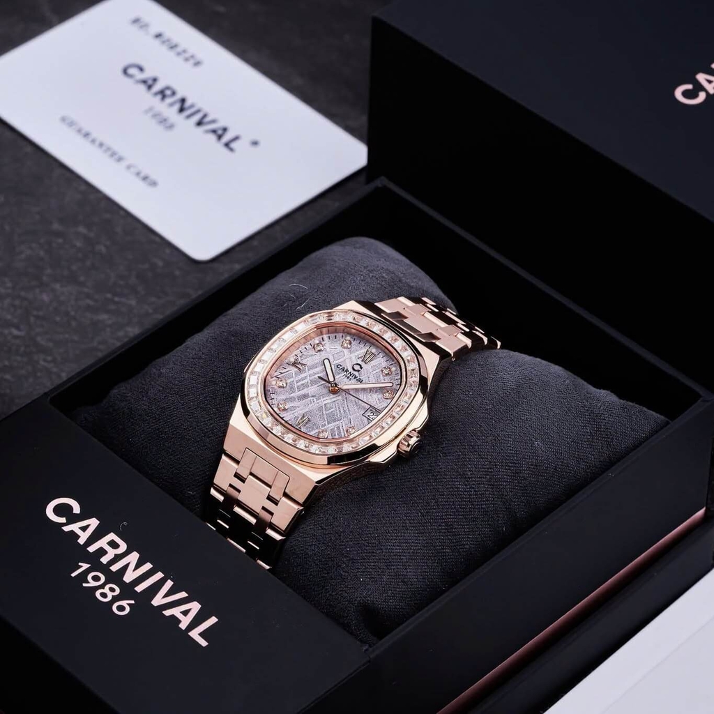 Đồng Hồ Nữ Carnival 8160L2-VH-TT Vàng Hồng Mặt Thiên Thạch Viền Đá Size 34mm Sapphire