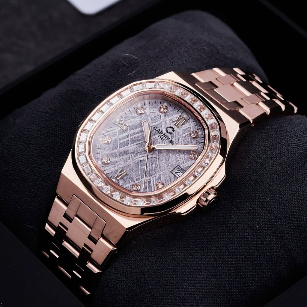 Đồng Hồ Nữ Carnival 8160L2-VH-TT Vàng Hồng Mặt Thiên Thạch Viền Đá Size 34mm Sapphire