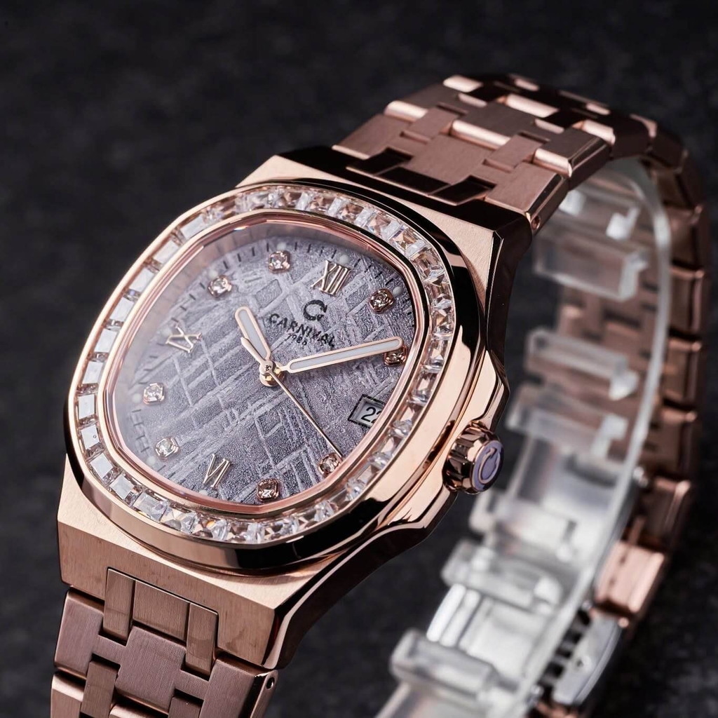 Đồng Hồ Nữ Carnival 8160L2-VH-TT Vàng Hồng Mặt Thiên Thạch Viền Đá Size 34mm Sapphire