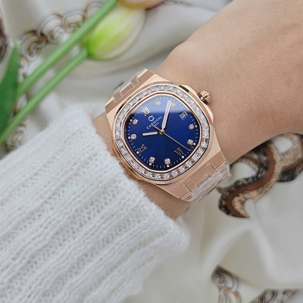 Đồng Hồ Nữ Carnival 8160L2-VH-X Vàng Hồng Mặt Xanh Dương Viền Đá Size 34mm Sapphire