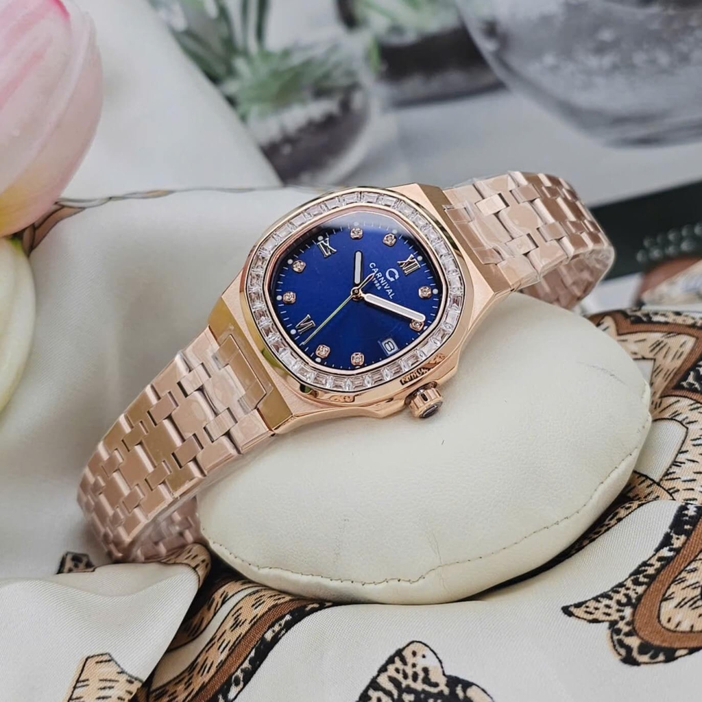 Đồng Hồ Nữ Carnival 8160L2-VH-X Vàng Hồng Mặt Xanh Dương Viền Đá Size 34mm Sapphire
