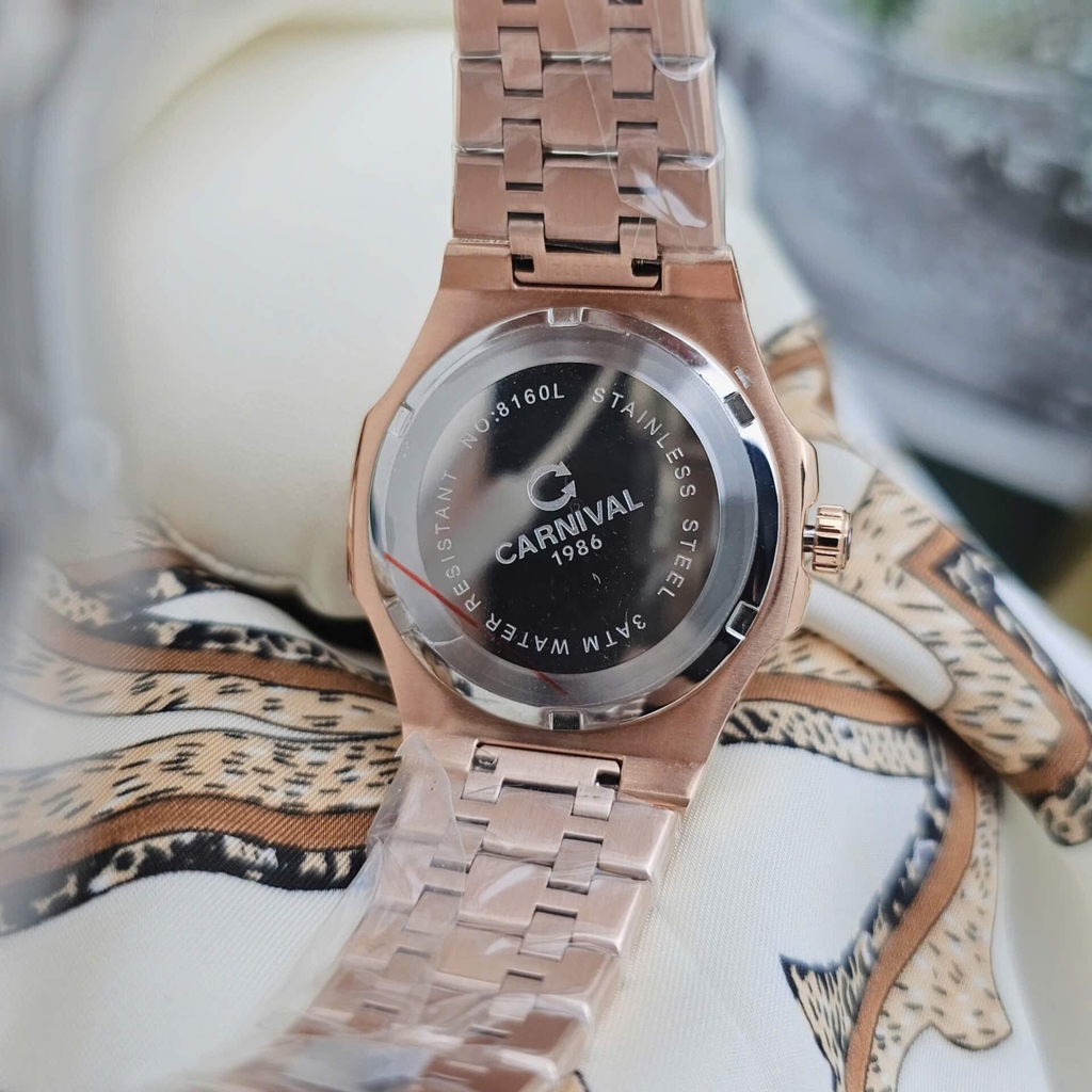 Đồng Hồ Nữ Carnival 8160L2-VH-TIM Vàng Hồng Mặt Tím Viền Đá Size 34mm Sapphire