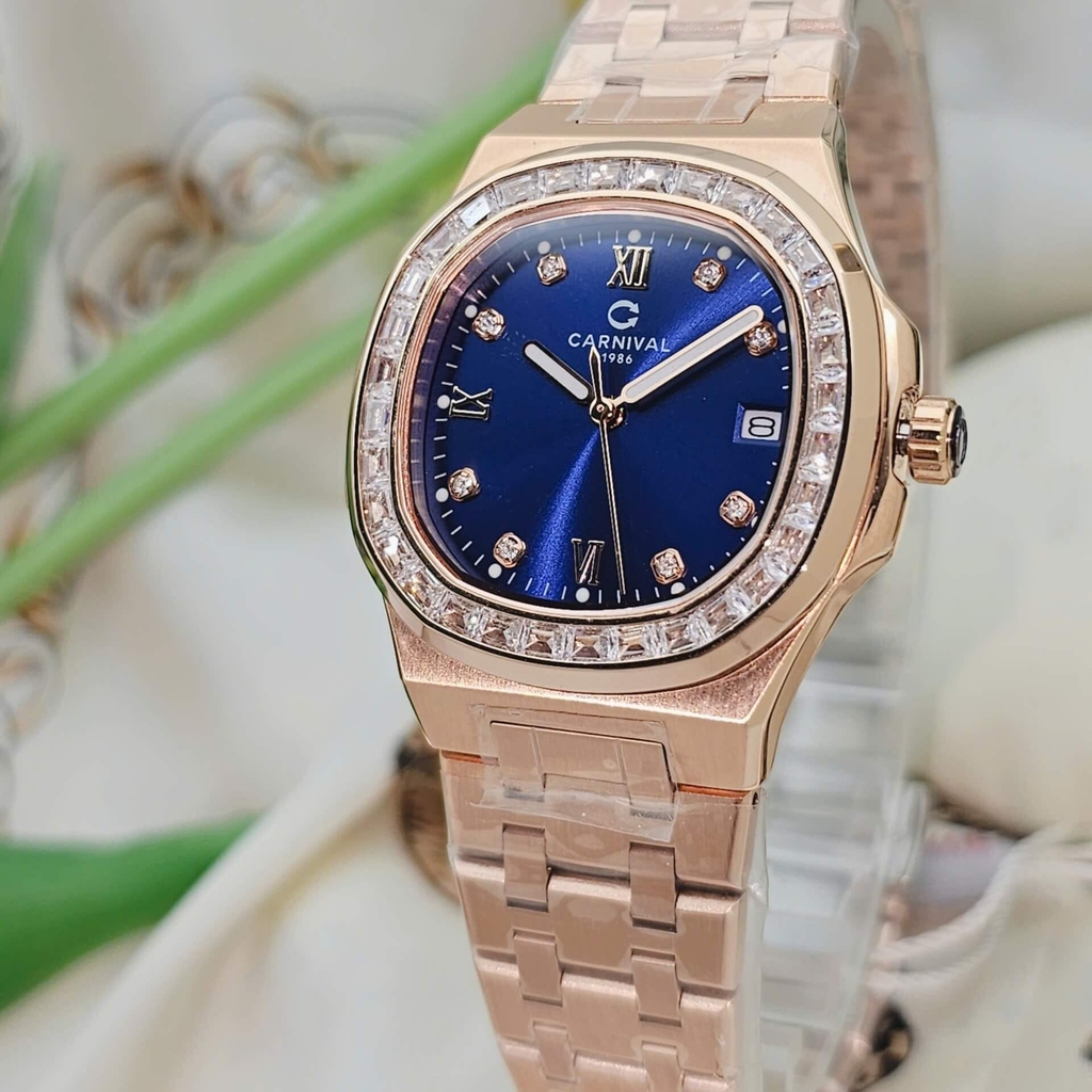 Đồng Hồ Nữ Carnival 8160L2-VH-X Vàng Hồng Mặt Xanh Dương Viền Đá Size 34mm Sapphire