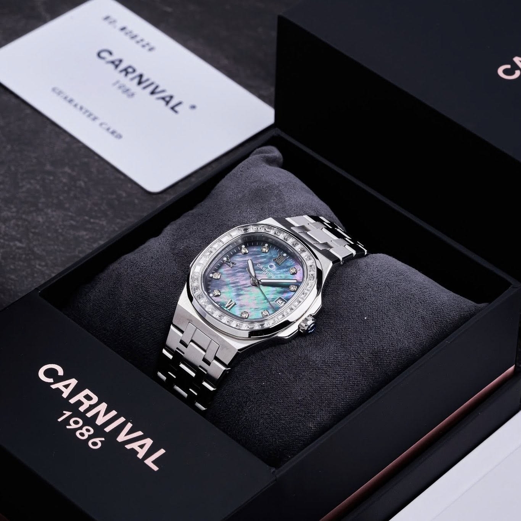 Đồng Hồ Nữ Carnival 8160L2-VT-DK Dây Thép Silver Mặt Xà Cừ Xám Viền Đá Size 34mm Sapphire