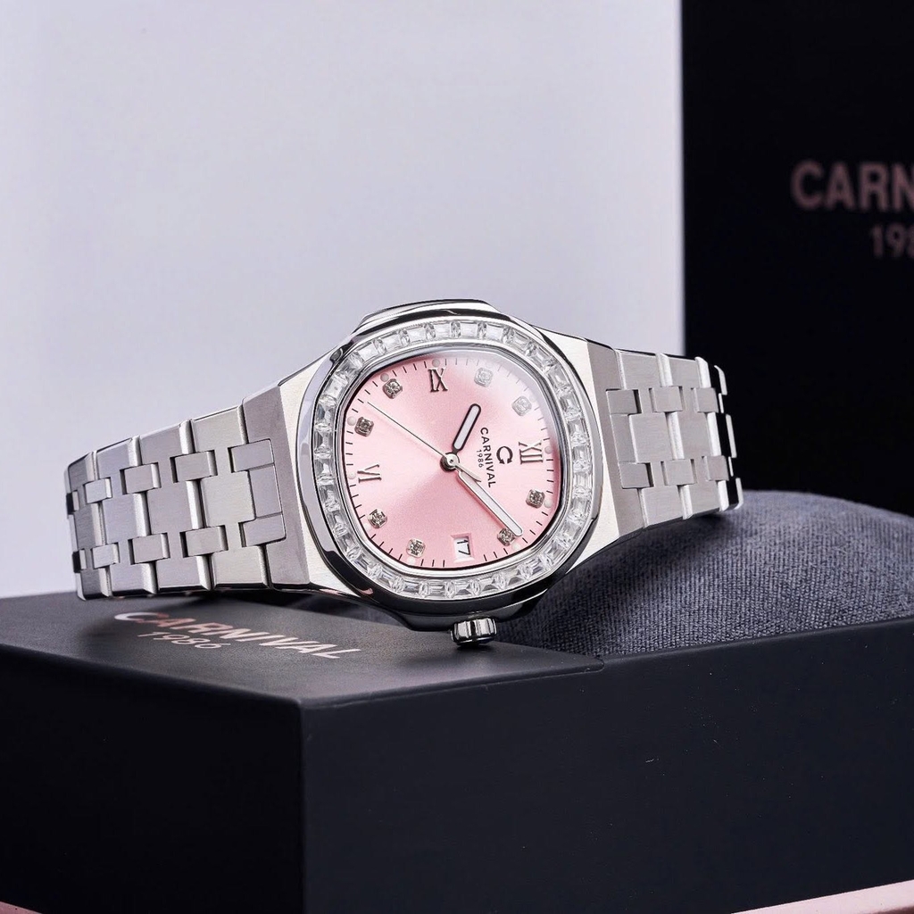 Đồng Hồ Nữ Carnival 8160L2-VT-H Dây Thép Silver Mặt Hồng Viền Đá Size 34mm Sapphire