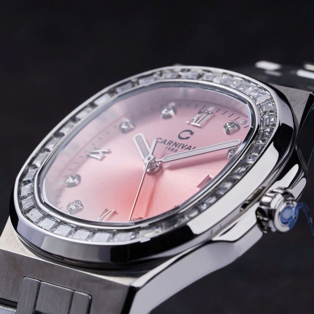 Đồng Hồ Nữ Carnival 8160L2-VT-H Dây Thép Silver Mặt Hồng Viền Đá Size 34mm Sapphire