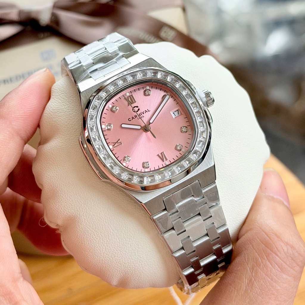 Đồng Hồ Nữ Carnival 8160L2-VT-H Dây Thép Silver Mặt Hồng Viền Đá Size 34mm Sapphire