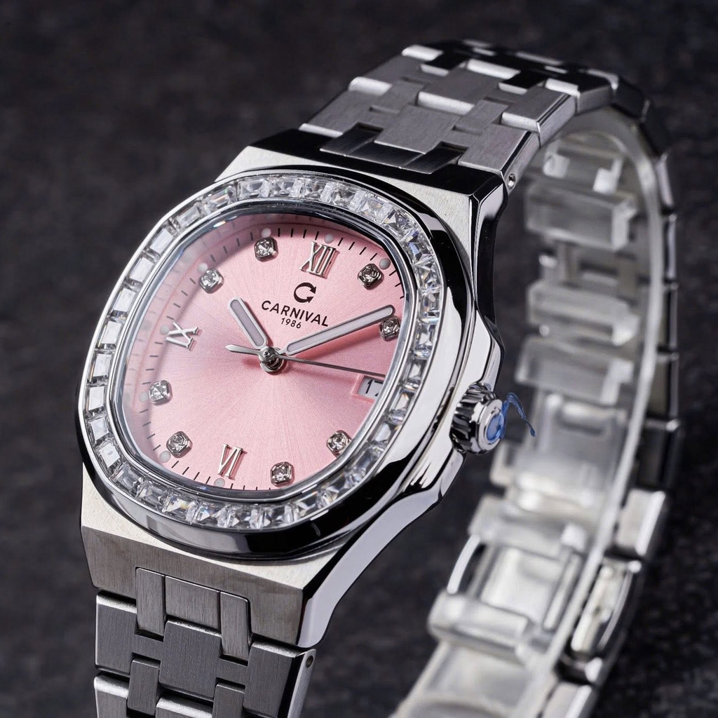 Đồng Hồ Nữ Carnival 8160L2-VT-H Dây Thép Silver Mặt Hồng Viền Đá Size 34mm Sapphire
