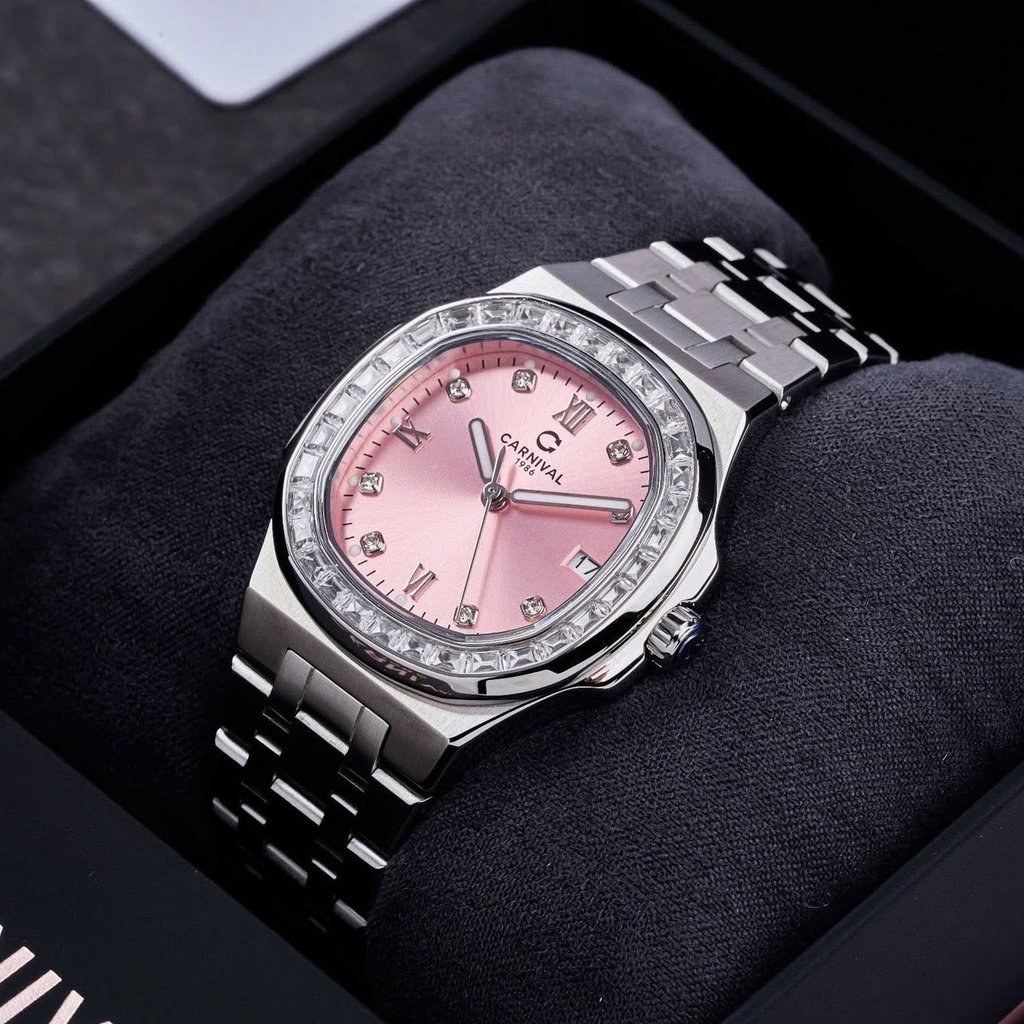 Đồng Hồ Nữ Carnival 8160L2-VT-H Dây Thép Silver Mặt Hồng Viền Đá Size 34mm Sapphire
