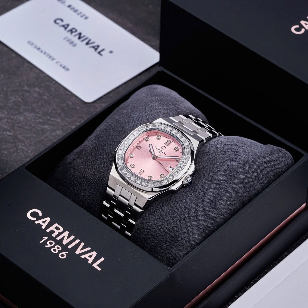 Đồng Hồ Nữ Carnival 8160L2-VT-H Dây Thép Silver Mặt Hồng Viền Đá Size 34mm Sapphire