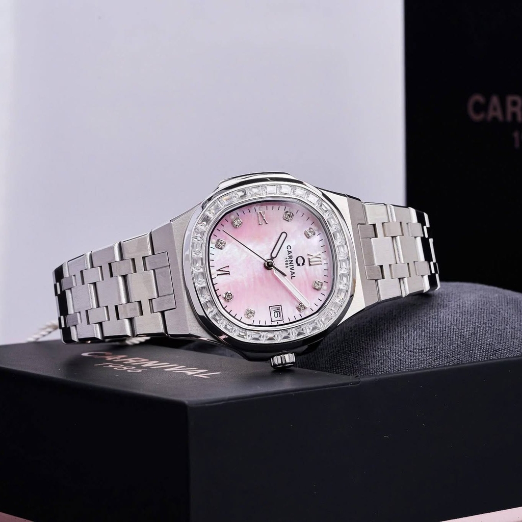 Đồng Hồ Nữ Carnival 8160L2-VT-HK Dây Thép Silver Mặt Xà Cừ Hồng Viền Đá Size 34mm Sapphire