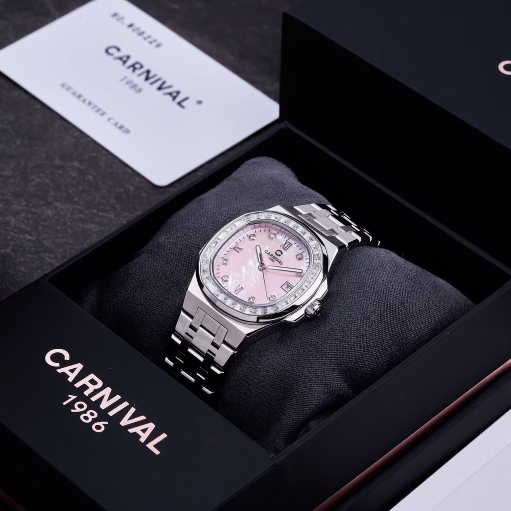 Đồng Hồ Nữ Carnival 8160L2-VT-HK Dây Thép Silver Mặt Xà Cừ Hồng Viền Đá Size 34mm Sapphire