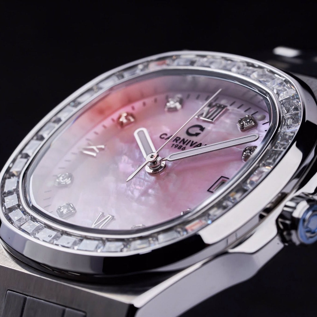 Đồng Hồ Nữ Carnival 8160L2-VT-HK Dây Thép Silver Mặt Xà Cừ Hồng Viền Đá Size 34mm Sapphire
