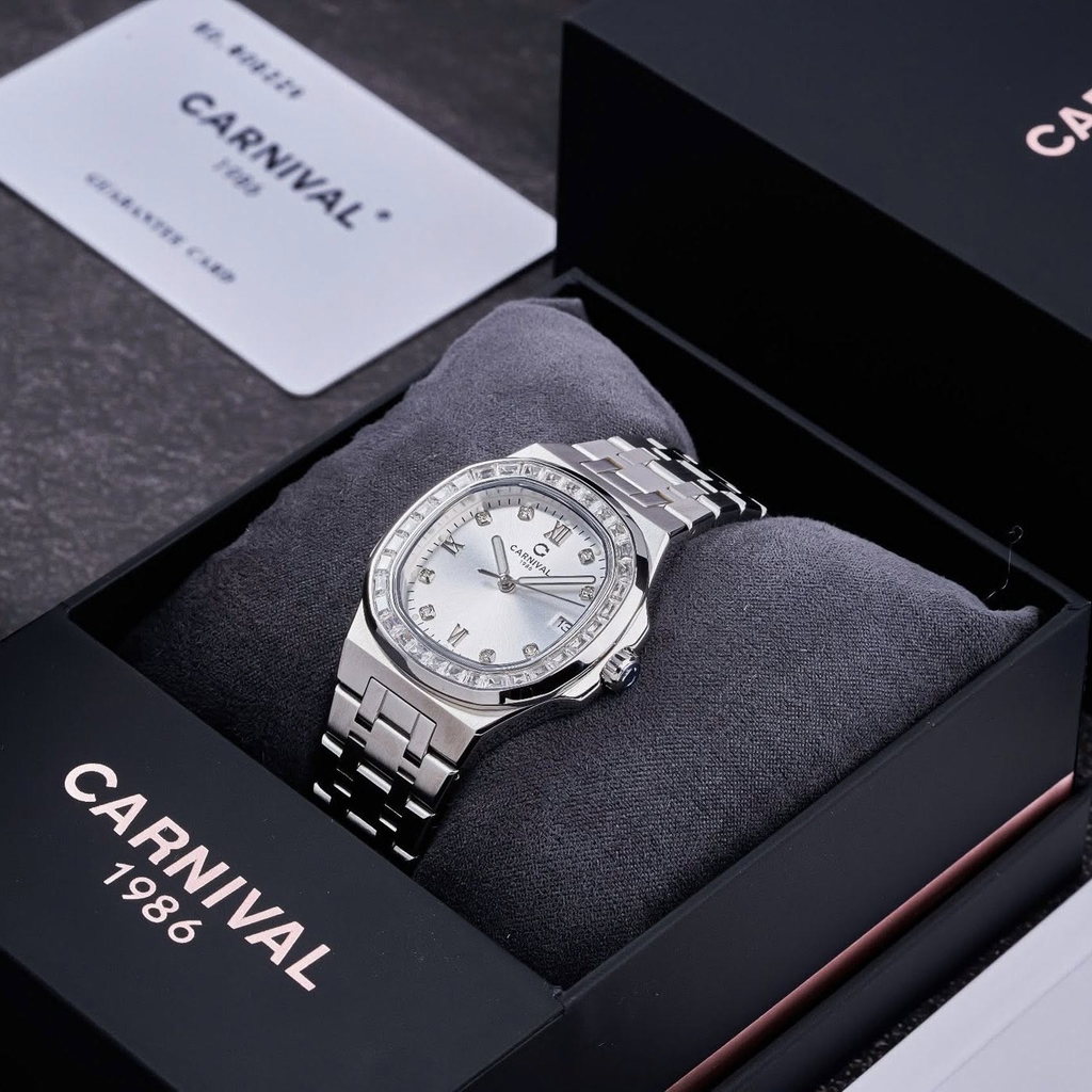 Đồng Hồ Nữ Carnival 8160L2-VT-T Dây Thép Silver Mặt Trắng Viền Đá Size 34mm Sapphire