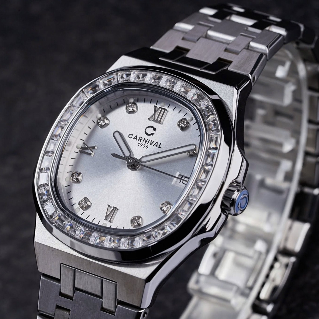 Đồng Hồ Nữ Carnival 8160L2-VT-T Dây Thép Silver Mặt Trắng Viền Đá Size 34mm Sapphire