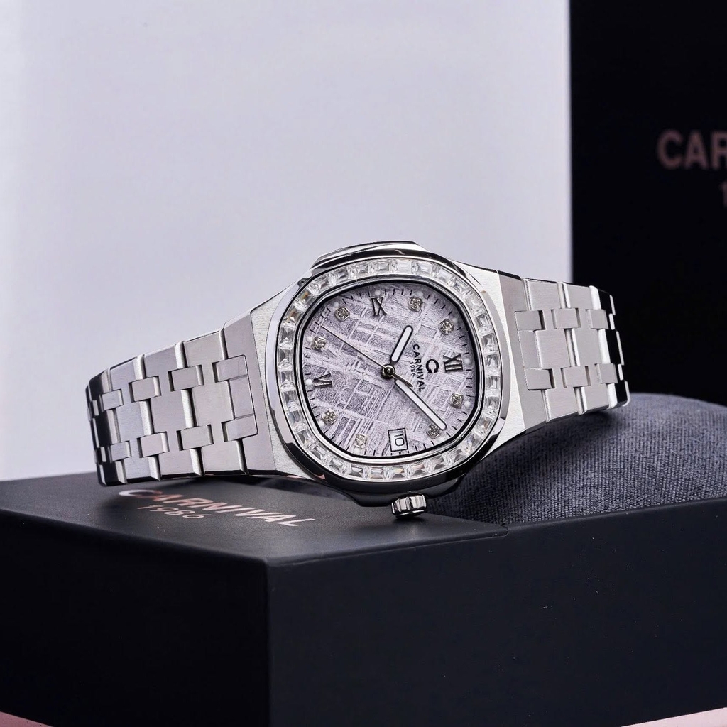 Đồng Hồ Nữ Carnival 8160L2-VT-TT Dây Thép Silver Mặt Thiên Thạch Viền Đá Size 34mm Sapphire
