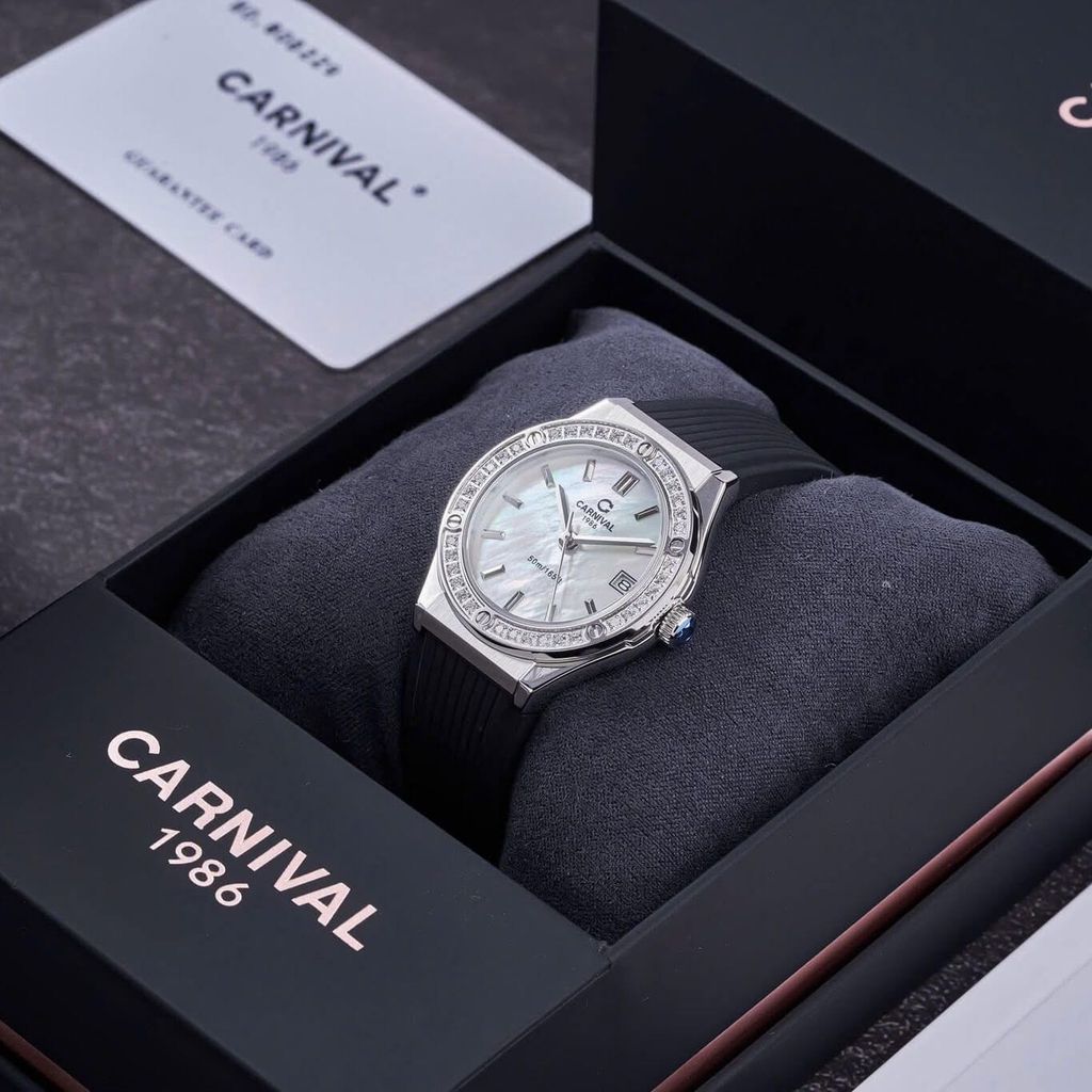 Đồng Hồ Nữ Carnival 8168L2 Dây Cao Đen Mặt Xà Cừ Trắng Đính Đá Vỏ Silver Size 34mm 8168L2-VT-DCS-TK