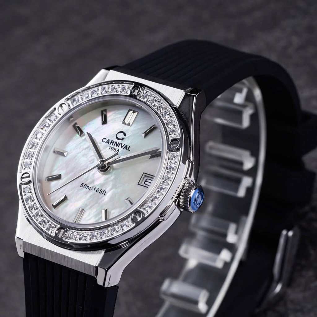 Đồng Hồ Nữ Carnival 8168L2 Dây Cao Đen Mặt Xà Cừ Trắng Đính Đá Vỏ Silver Size 34mm 8168L2-VT-DCS-TK