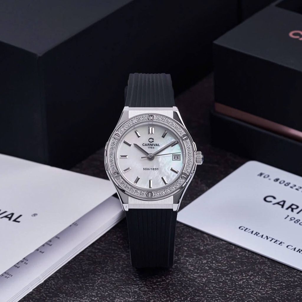 Đồng Hồ Nữ Carnival 8168L2 Dây Cao Đen Mặt Xà Cừ Trắng Đính Đá Vỏ Silver Size 34mm 8168L2-VT-DCS-TK