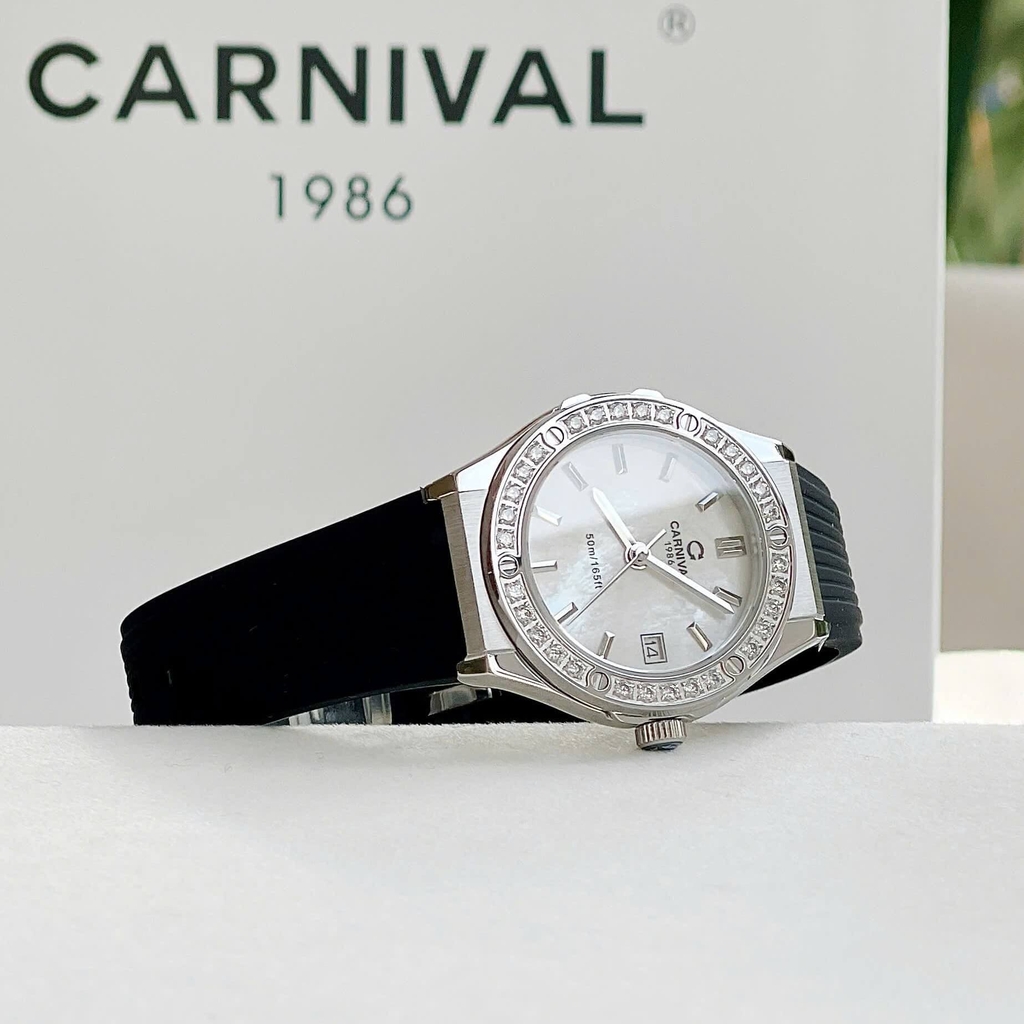 Đồng Hồ Nữ Carnival 8168L2 Dây Cao Đen Mặt Xà Cừ Trắng Đính Đá Vỏ Silver Size 34mm 8168L2-VT-DCS-TK