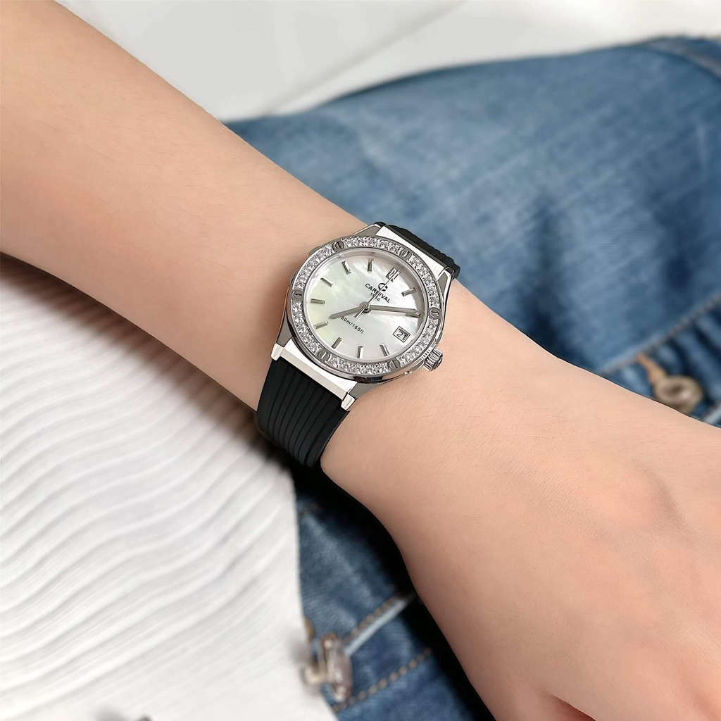 Đồng Hồ Nữ Carnival 8168L2 Dây Cao Đen Mặt Xà Cừ Trắng Đính Đá Vỏ Silver Size 34mm 8168L2-VT-DCS-TK