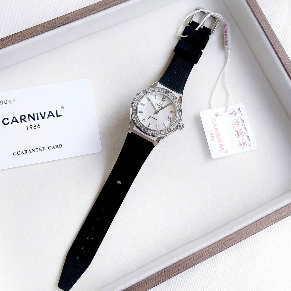 Đồng Hồ Nữ Carnival 8168L2 Dây Cao Đen Mặt Xà Cừ Trắng Đính Đá Vỏ Silver Size 34mm 8168L2-VT-DCS-TK