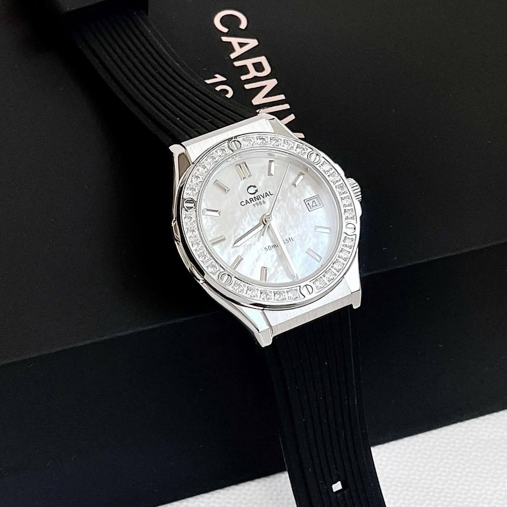 Đồng Hồ Nữ Carnival 8168L2 Dây Cao Đen Mặt Xà Cừ Trắng Đính Đá Vỏ Silver Size 34mm 8168L2-VT-DCS-TK