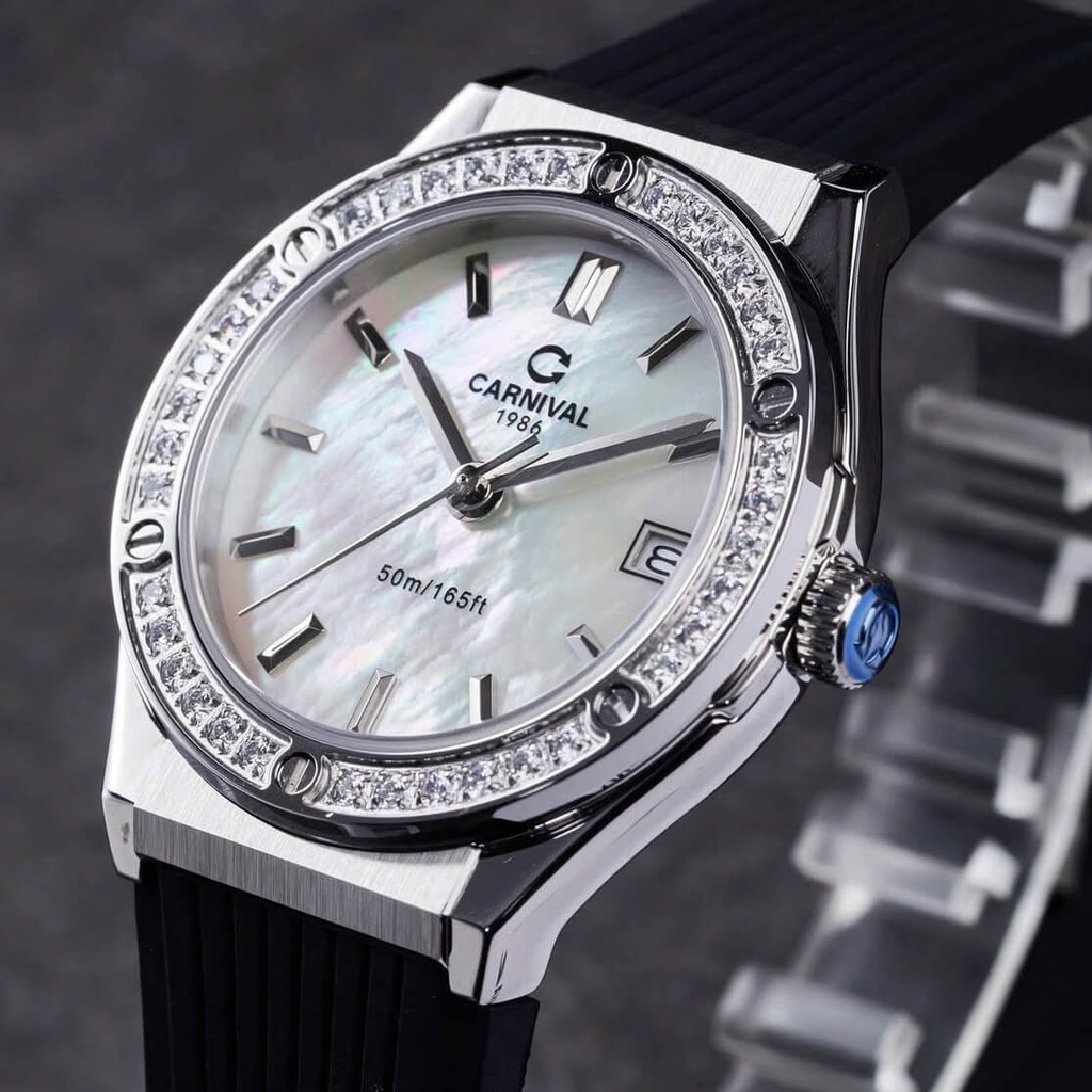 Đồng Hồ Nữ Carnival 8168L2 Dây Cao Đen Mặt Xà Cừ Trắng Đính Đá Vỏ Silver Size 34mm 8168L2-VT-DCS-TK