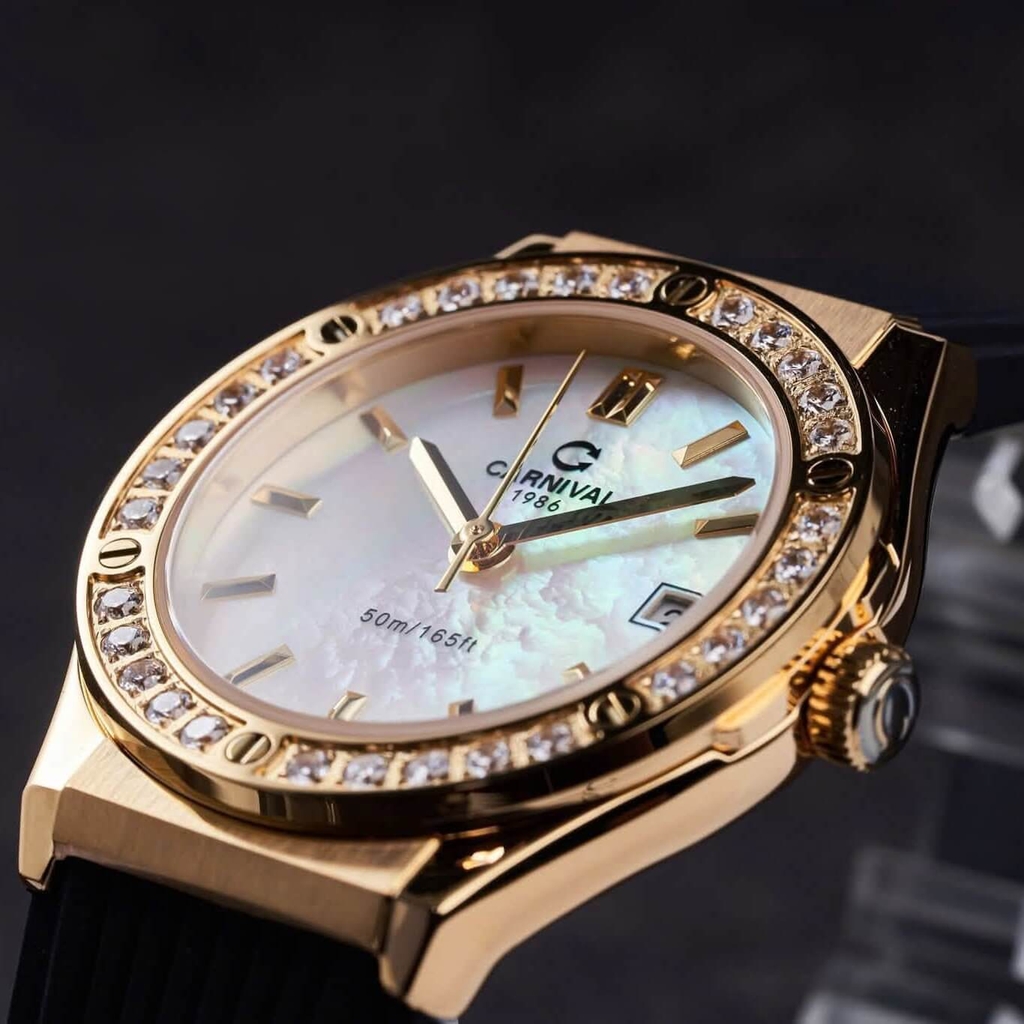Đồng Hồ Nữ Carnival 8168L2 Dây Cao Đen Mặt Xà Cừ Trắng Đính Đá Vỏ Vàng Gold Size 34mm 8168L2 8168L2 VV-DCS-TK