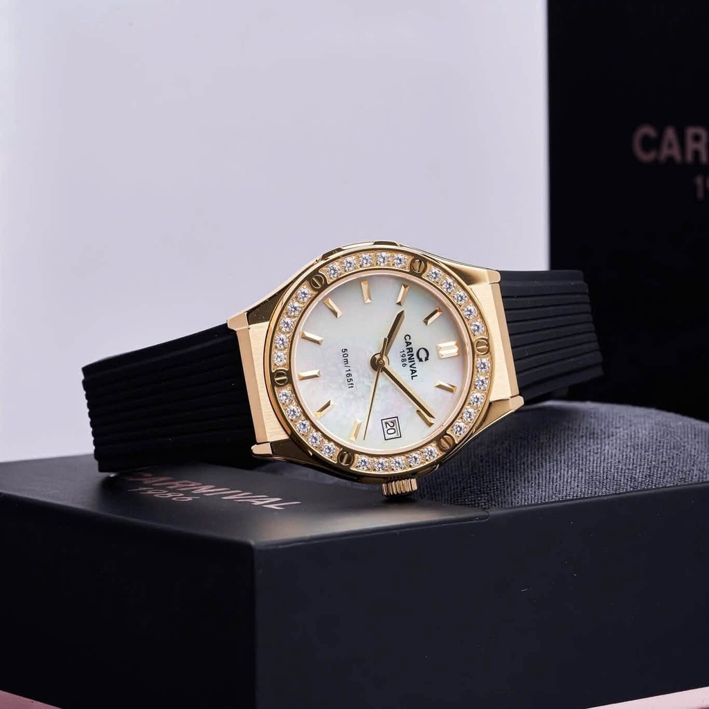 Đồng Hồ Nữ Carnival 8168L2 Dây Cao Đen Mặt Xà Cừ Trắng Đính Đá Vỏ Vàng Gold Size 34mm 8168L2 8168L2 VV-DCS-TK