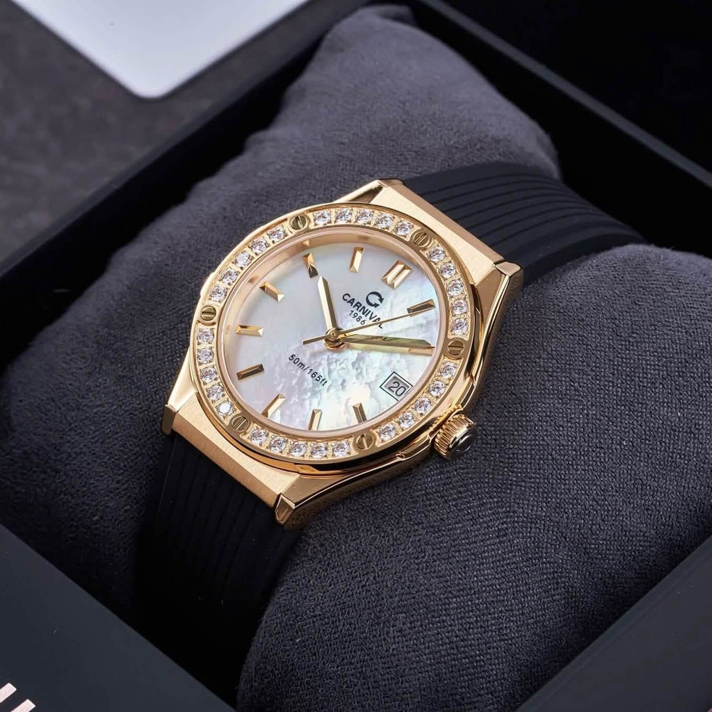 Đồng Hồ Nữ Carnival 8168L2 Dây Cao Đen Mặt Xà Cừ Trắng Đính Đá Vỏ Vàng Gold Size 34mm 8168L2 8168L2 VV-DCS-TK
