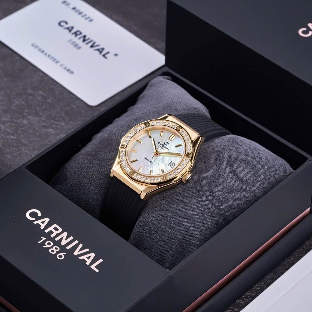 Đồng Hồ Nữ Carnival 8168L2 Dây Cao Đen Mặt Xà Cừ Trắng Đính Đá Vỏ Vàng Gold Size 34mm 8168L2 8168L2 VV-DCS-TK