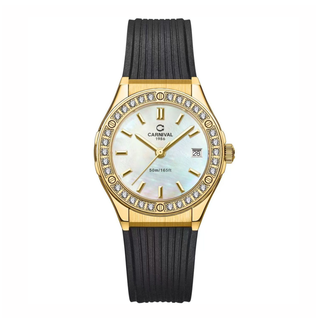 Đồng Hồ Nữ Carnival 8168L2 Dây Cao Đen Mặt Xà Cừ Trắng Đính Đá Vỏ Vàng Gold Size 34mm 8168L2 8168L2 VV-DCS-TK