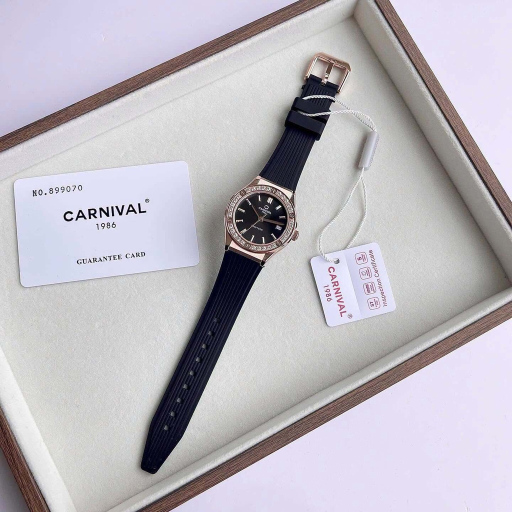 Đồng Hồ Nữ Carnival 8168L2 Dây Cao Su Đen Mặt Đen Đính Đá Rose Size 34mm Quartz 8168L2 VH-DCS-D