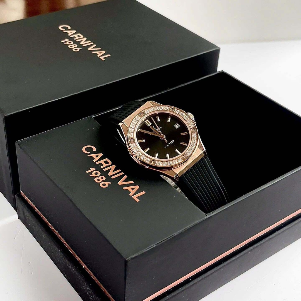 Đồng Hồ Nữ Carnival 8168L2 Dây Cao Su Đen Mặt Đen Đính Đá Rose Size 34mm Quartz 8168L2 VH-DCS-D
