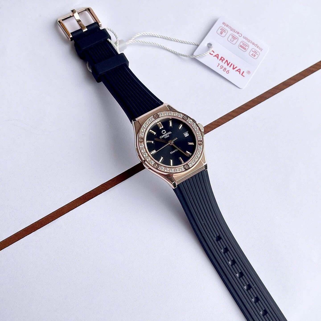 Đồng Hồ Nữ Carnival 8168L2 Dây Cao Su Đen Mặt Đen Đính Đá Rose Size 34mm Quartz 8168L2 VH-DCS-D